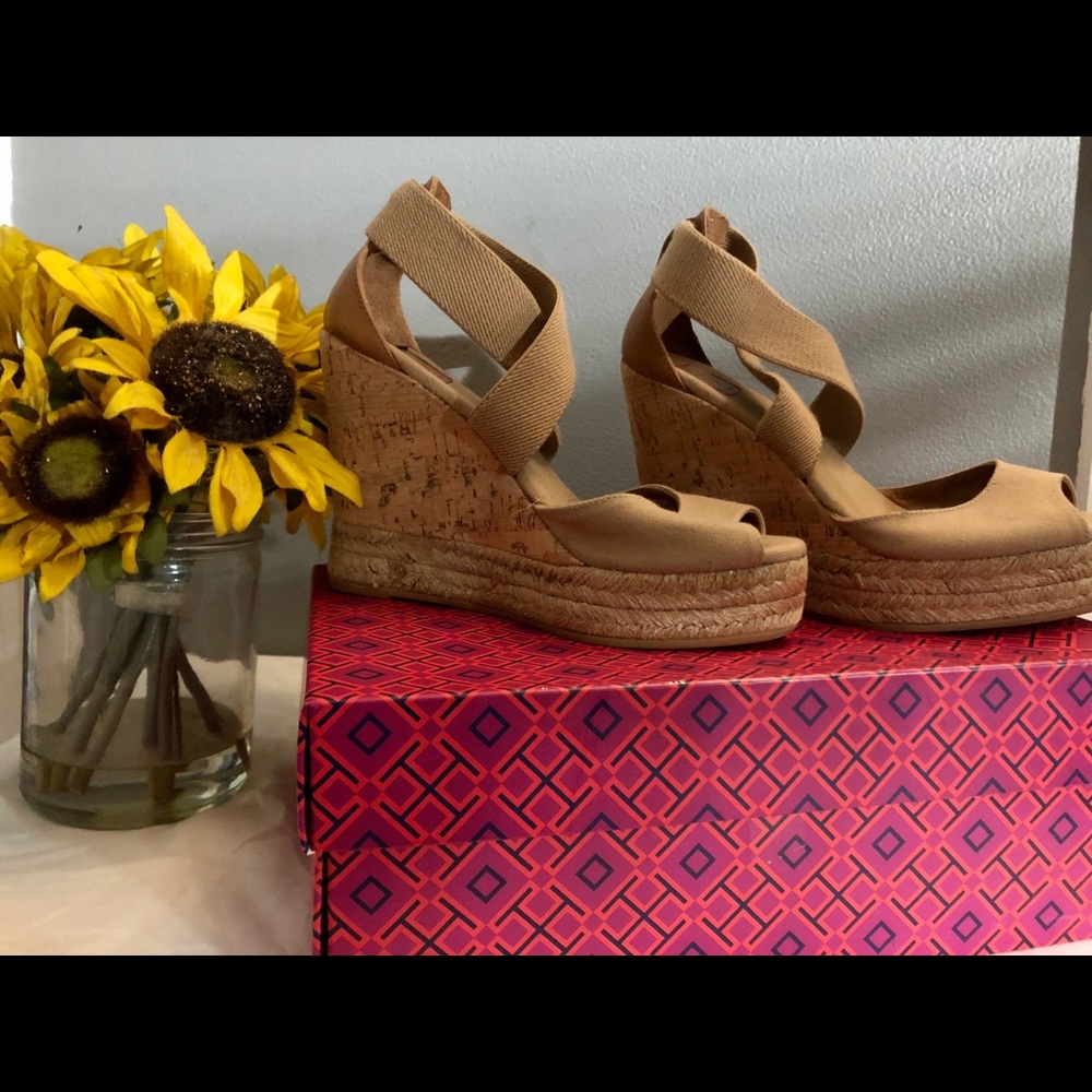 Tory Burch Peep-Toe Cork Wedges